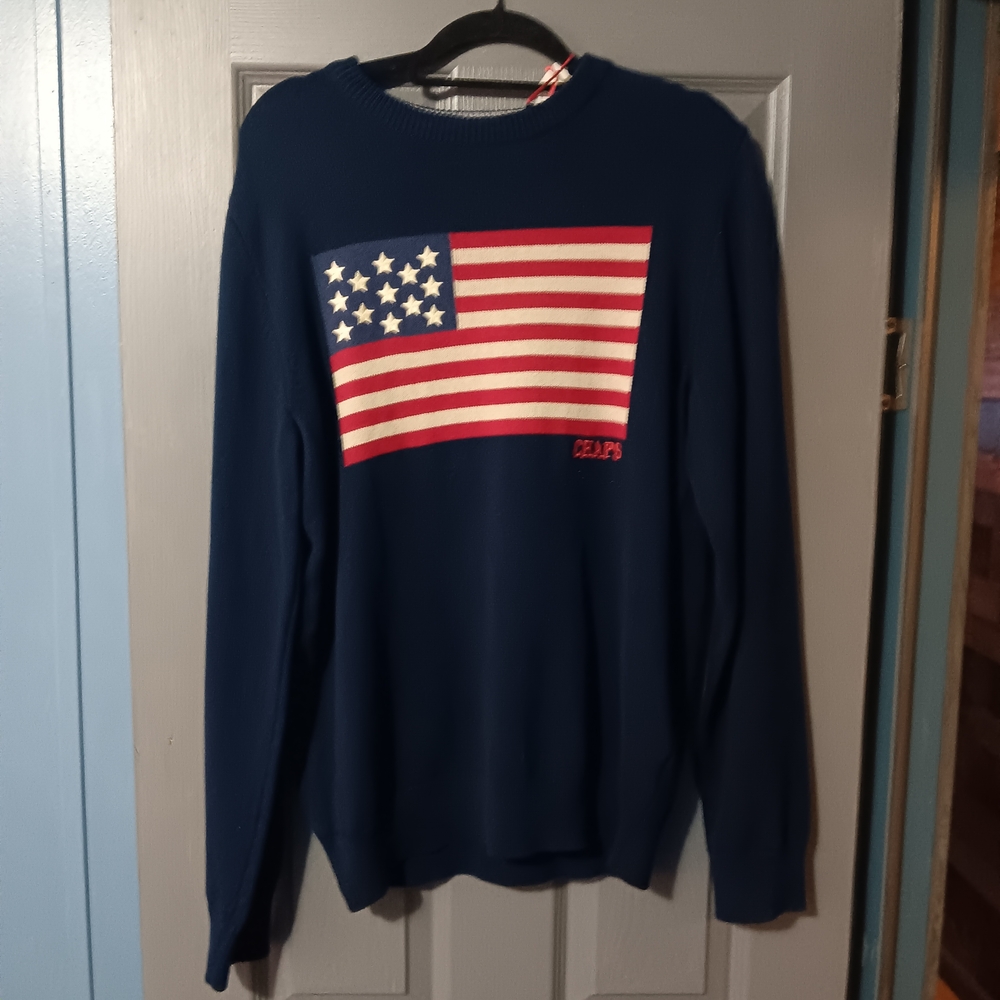 Men Chaps Navy Crewneck Sweater with Red, White & Blue Flag